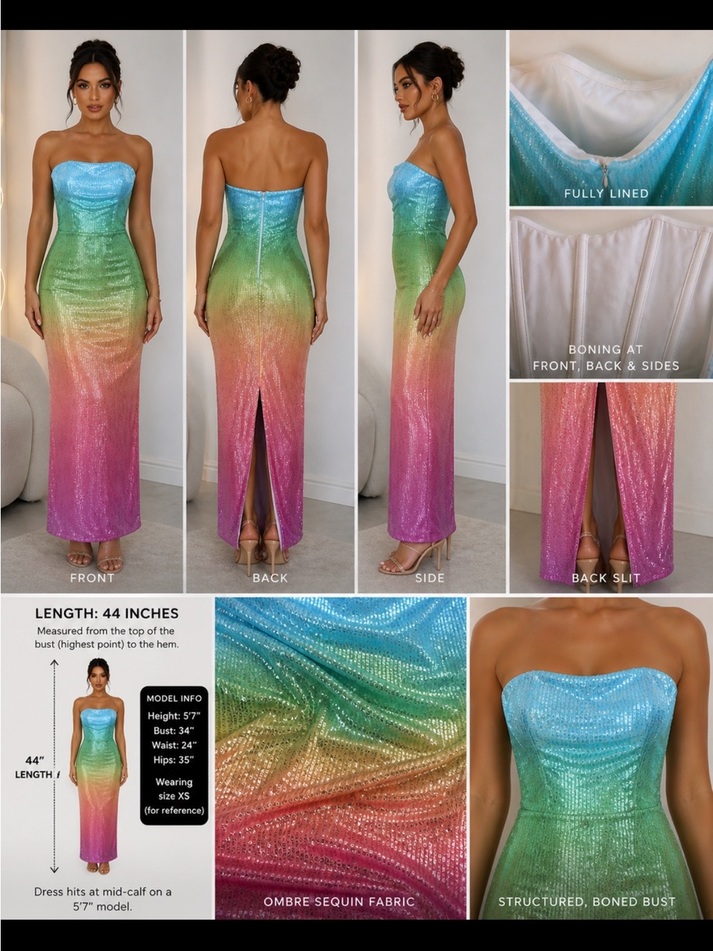 Strapless Ombre Sequin Column Dress in Blue, Green & Pink